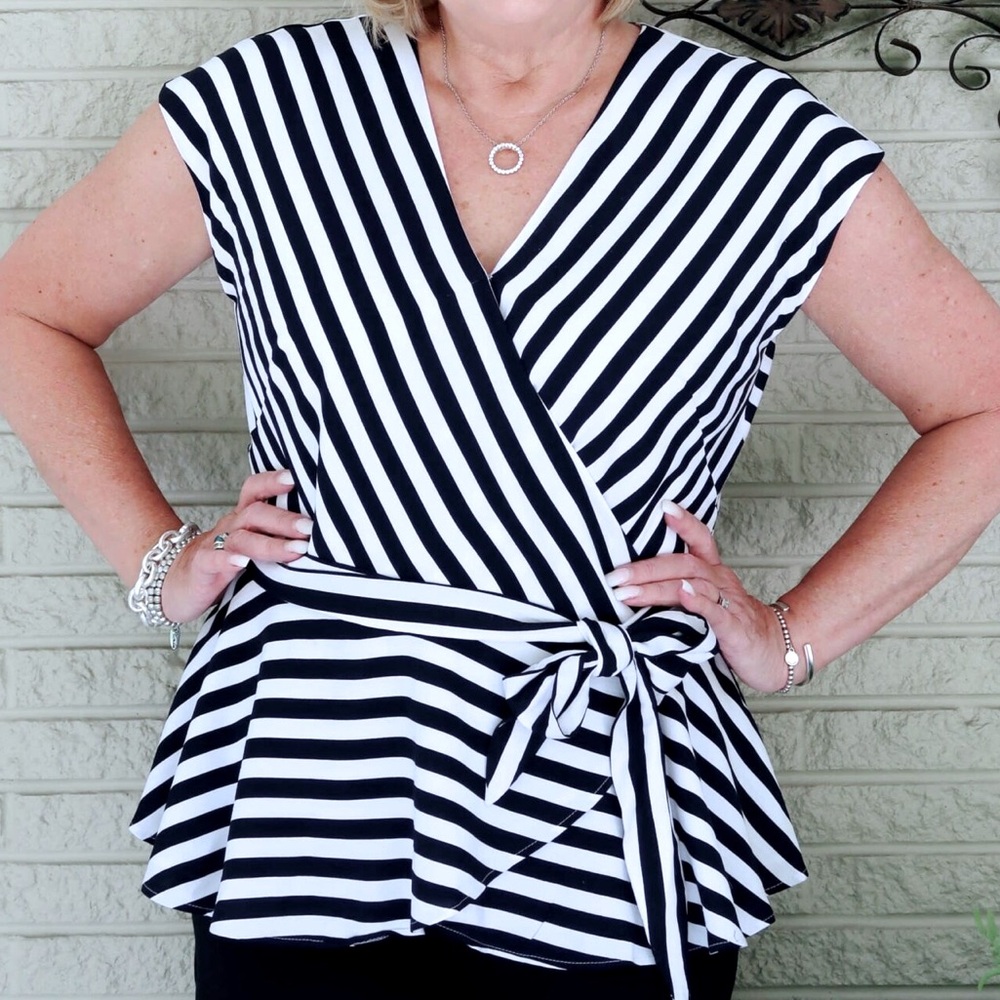 LOFT Black & White Stripe Peplum Wrap Top
